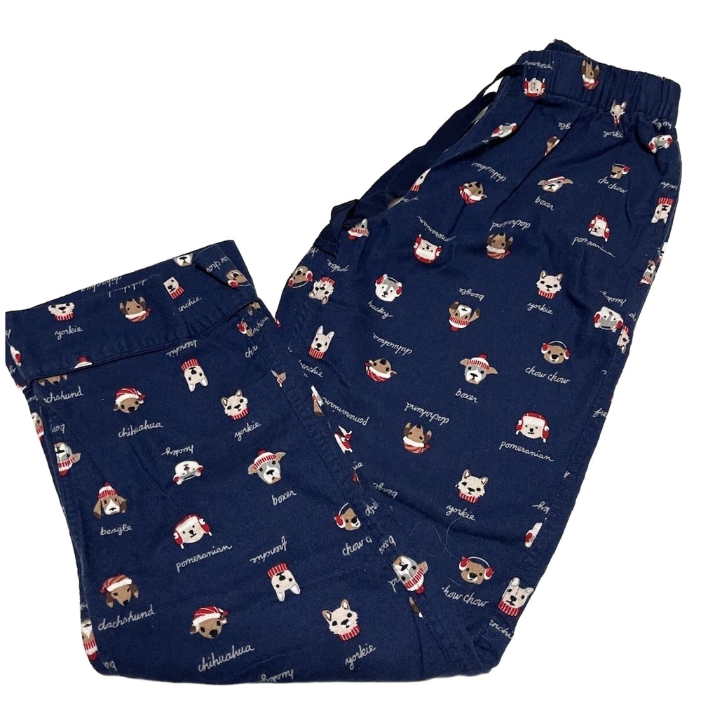 LANDS END Pajama Bottoms Womens 2-4 XS Navy Blue Flannel Holiday Dogs Christmas